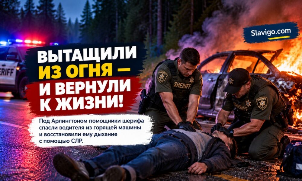 Редакционная иллюстрация: Под Arlington помощники шерифа спасли водителя из горящей машины и вернули ему дыхание