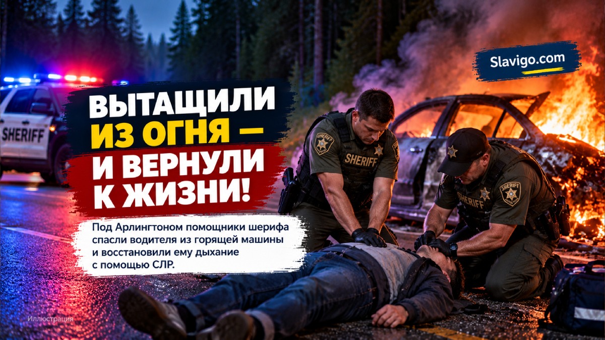 Редакционная иллюстрация: Под Arlington помощники шерифа спасли водителя из горящей машины и вернули ему дыхание