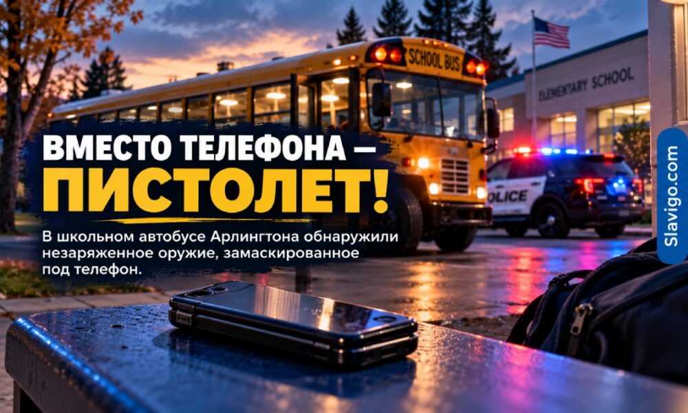 Школьный автобус у начальной школы в Arlington и работа полиции