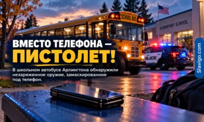 Школьный автобус у начальной школы в Arlington и работа полиции