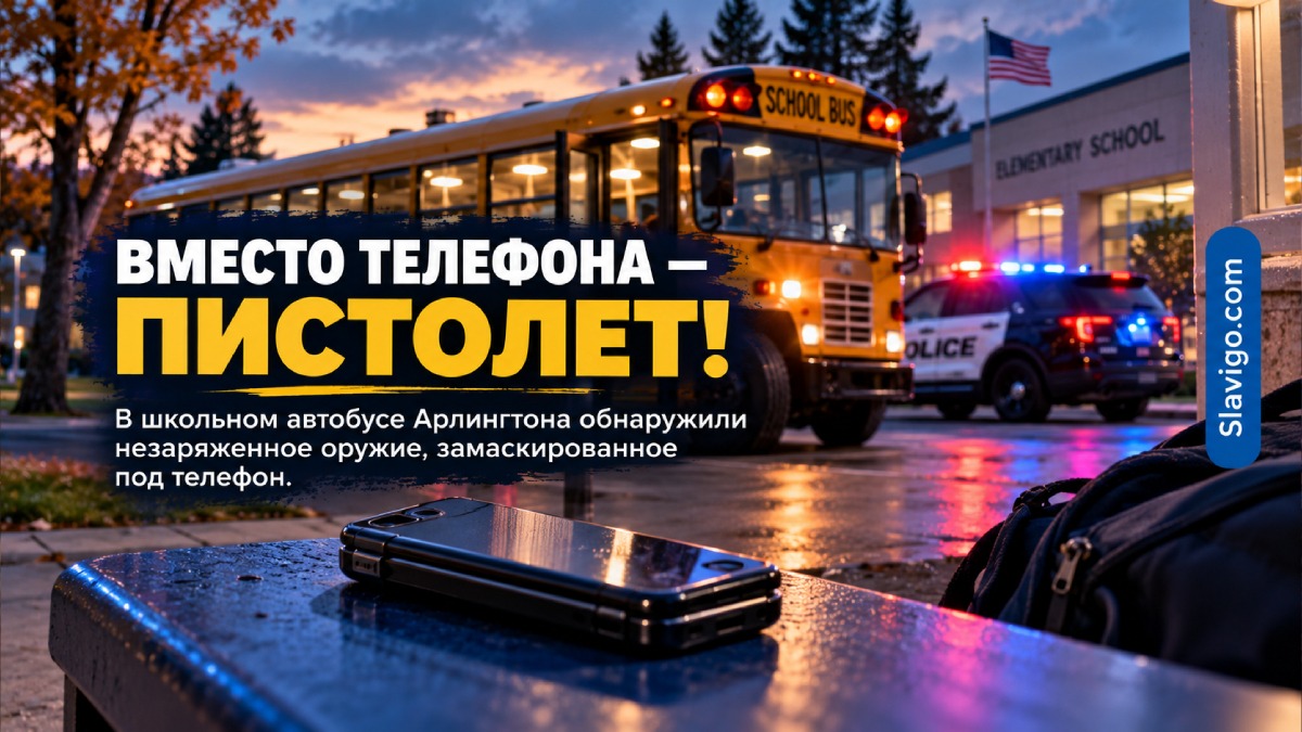 Школьный автобус у начальной школы в Arlington и работа полиции