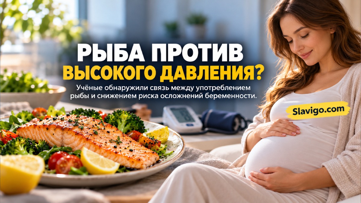 Беременная женщина за столом с приготовленной рыбой, овощами и крупой
