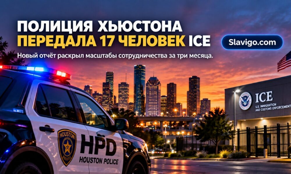 Полицейский автомобиль на городской улице Хьюстона, иллюстрирующий обсуждение сотрудничества с ICE
