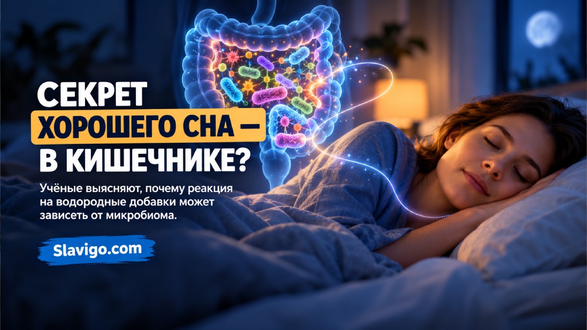 Спокойно спящий человек в спальне и абстрактный мотив микробиома
