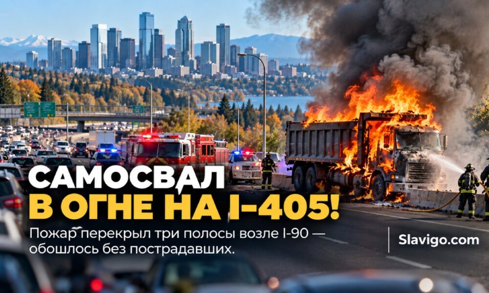 На I-405 возле Bellevue загорелся самосвал: движение перекрывали на трёх полосах