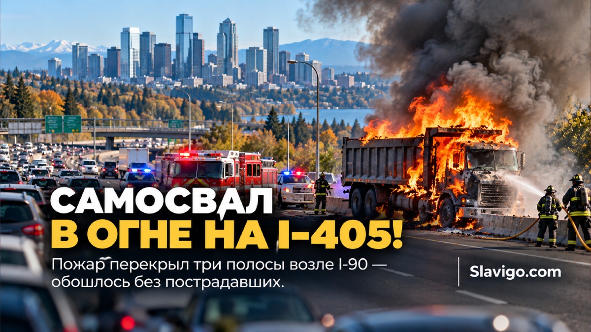 На I-405 возле Bellevue загорелся самосвал: движение перекрывали на трёх полосах