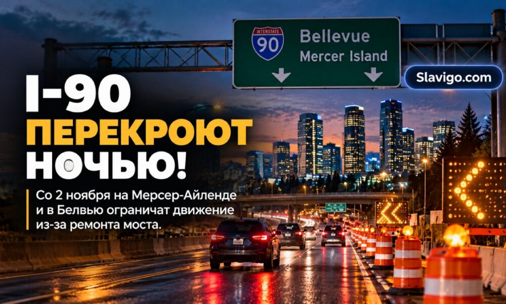 Редакционная иллюстрация: На I-90 у Mercer Island и Bellevue запланировали ночные перекрытия полос