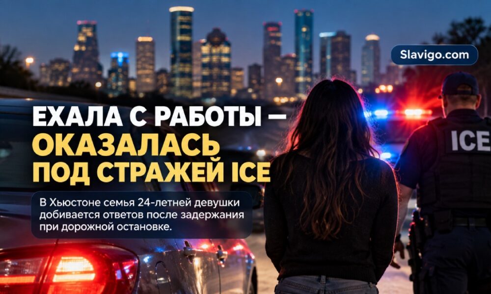 Нейтральная сцена у иммиграционного центра в США с припаркованным автомобилем и силуэтами родственников