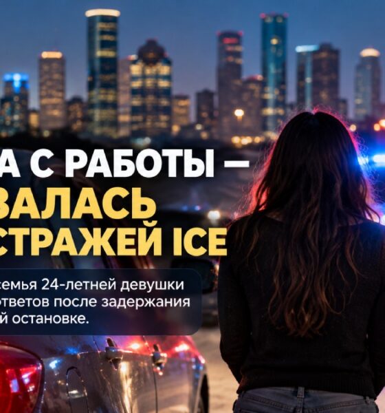Нейтральная сцена у иммиграционного центра в США с припаркованным автомобилем и силуэтами родственников