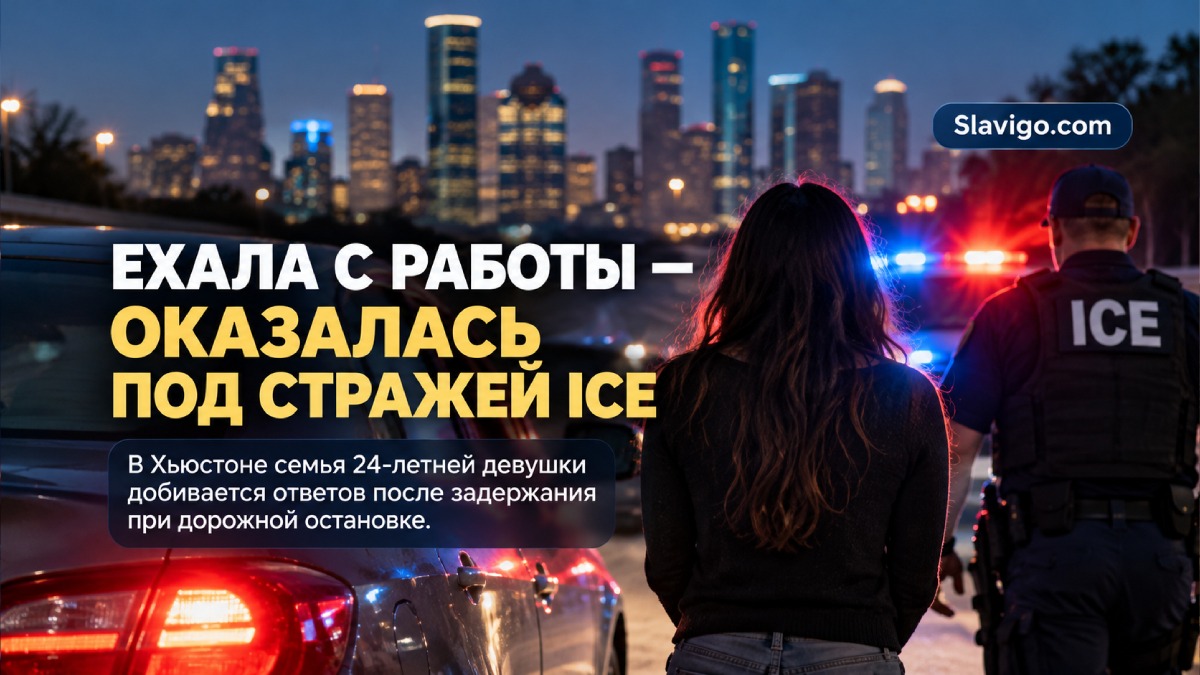 Нейтральная сцена у иммиграционного центра в США с припаркованным автомобилем и силуэтами родственников