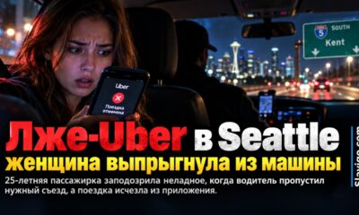 Nighttime interior of a generic rideshare car with a concerned passenger looking at phone in the back seat and anonymous driver silhouette, rainy urban street beyond wind
