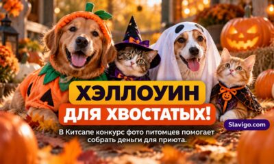 Cute dogs and cats dressed in whimsical tasteful Halloween costumes inside a warm animal shelter studio with autumn pumpkins, no signs or writing