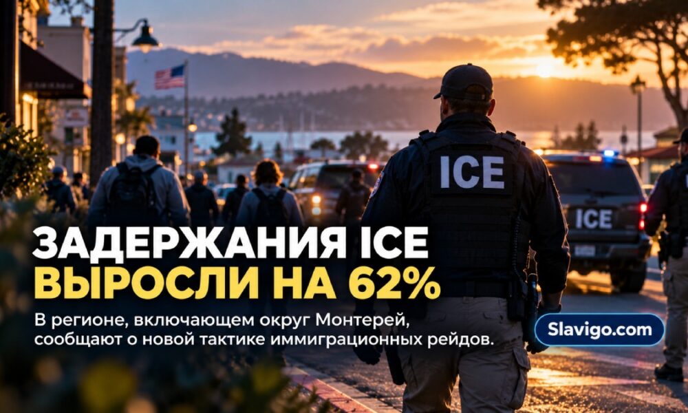 Тихая улица калифорнийского города утром с группой жителей вдали