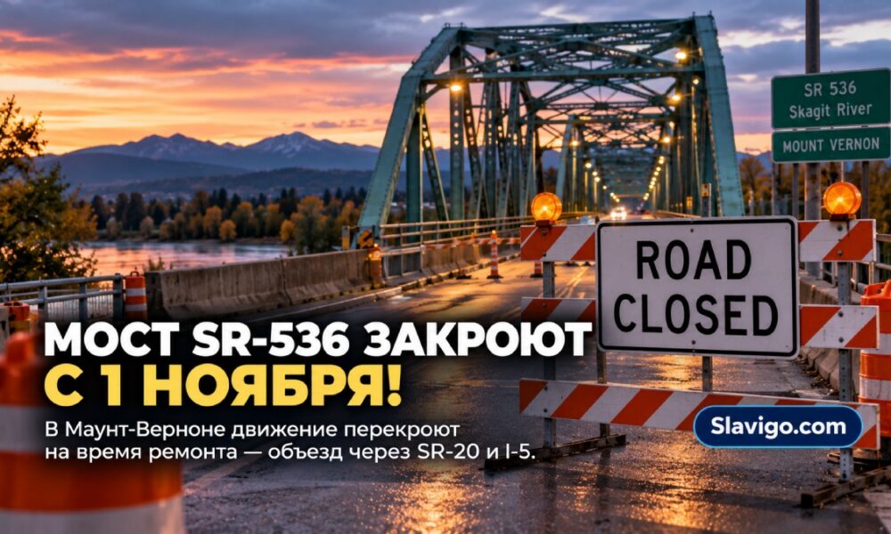 Skagit River steel road bridge in Mount Vernon under maintenance with construction equipment and autumn river landscape в штате Вашингтон