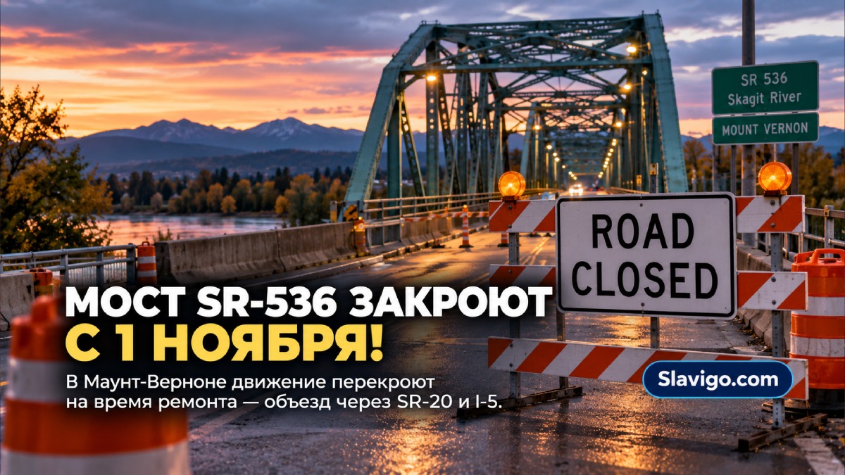 Skagit River steel road bridge in Mount Vernon under maintenance with construction equipment and autumn river landscape в штате Вашингтон