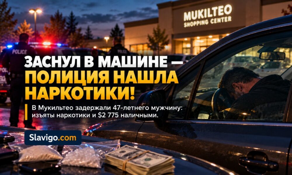 Police patrol vehicle beside parked car at a suburban Mukilteo shopping area in daytime, evidence handling without visible labels в штате Вашингтон