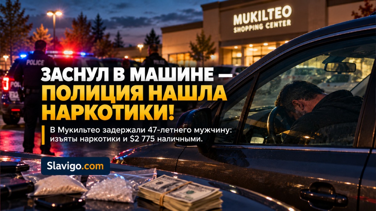 Police patrol vehicle beside parked car at a suburban Mukilteo shopping area in daytime, evidence handling without visible labels в штате Вашингтон
