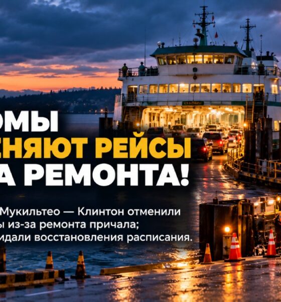 Паром у терминала Mukilteo во время ремонта оборудования