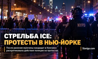 Полиция Нью-Йорка и участники акции протеста после иммиграционной операции ICE