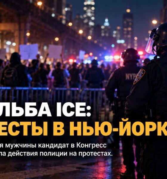 Полиция Нью-Йорка и участники акции протеста после иммиграционной операции ICE