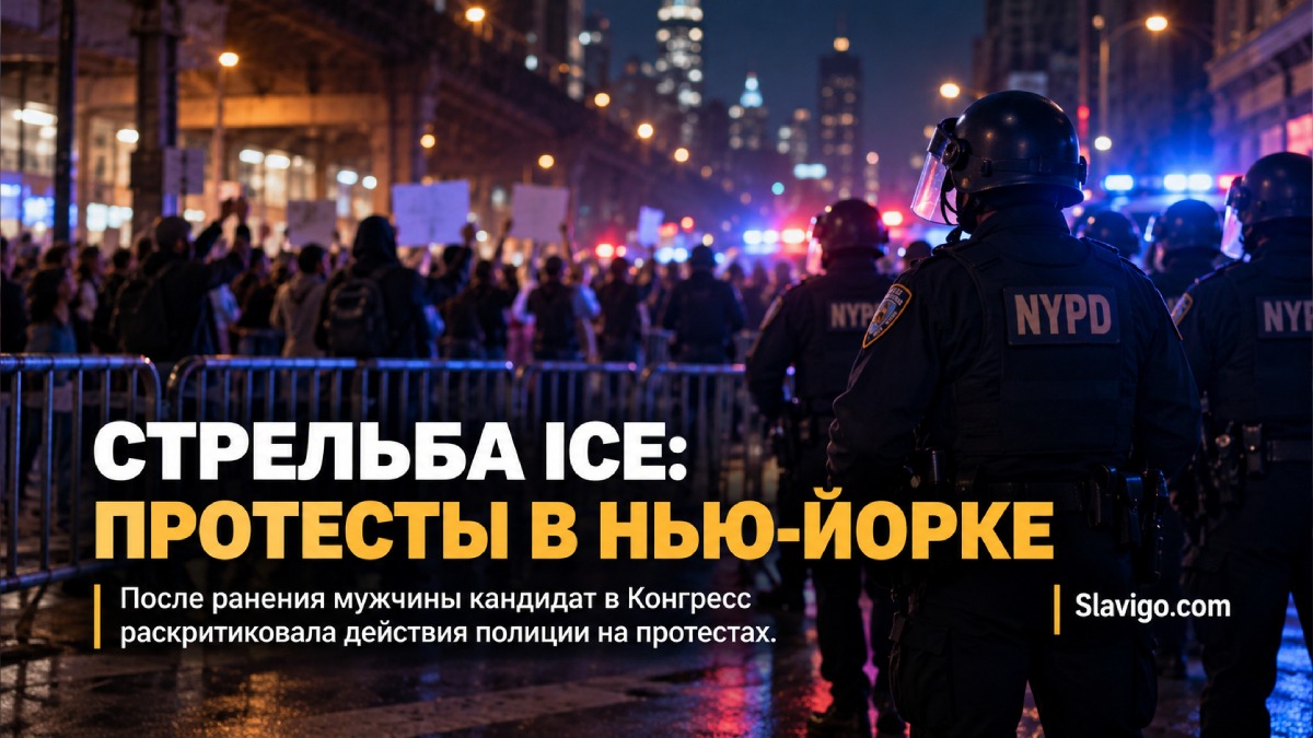Полиция Нью-Йорка и участники акции протеста после иммиграционной операции ICE