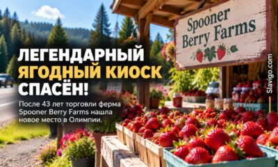 Small family operated berry stand with crates of fresh strawberries and raspberries at a roadside rural Olympia location, welcoming late season autumn scene