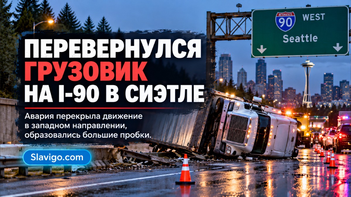 В Seattle перевернувшийся грузовик перекрыл западную I-90 перед утренним часом пик