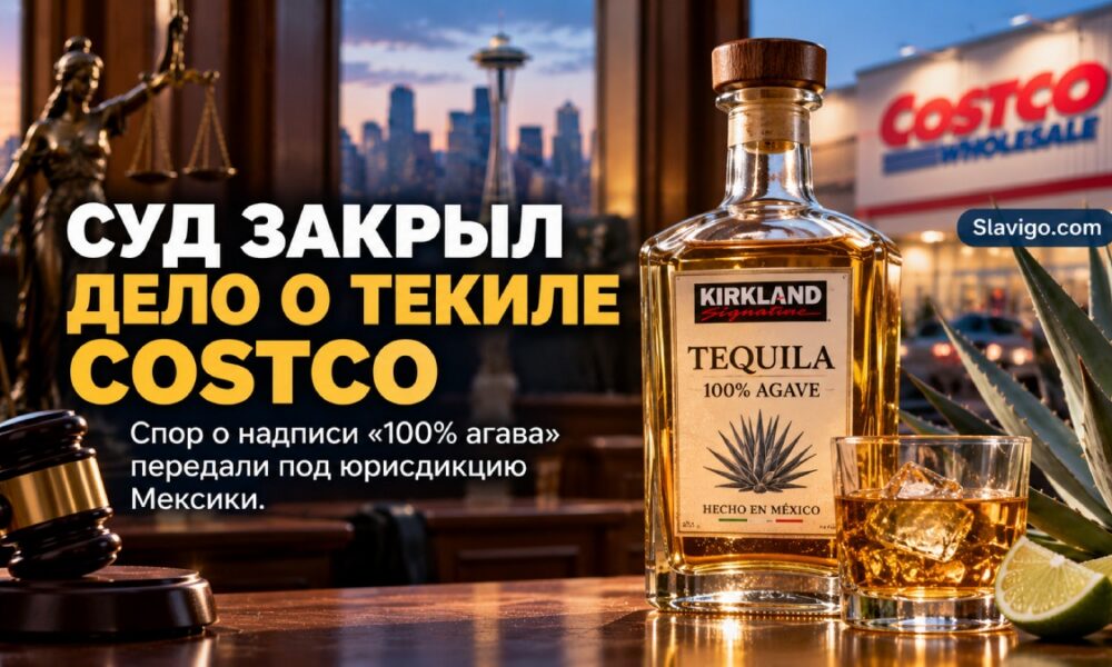 Generic glass bottles of clear amber agave spirit with blank unlabeled surfaces on store shelves, a Seattle courthouse architectural silhouette in background, editorial i