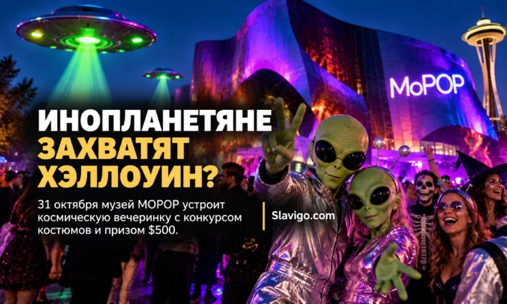 Retro science fiction themed museum party with visitors in whimsical 1950s space costumes and alien props, dramatic blue and purple lights, no lettering