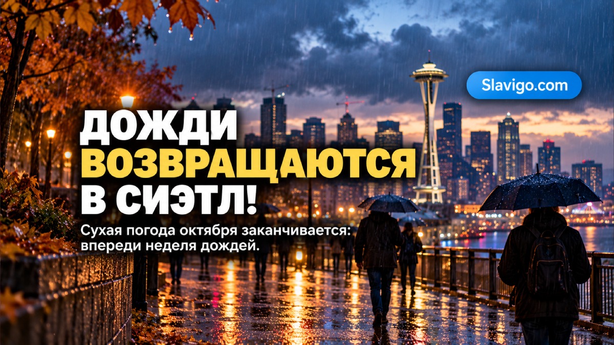 Rain sweeping across Seattle skyline with wet Interstate 5 and low clouds, realistic atmospheric news landscape в штате Вашингтон