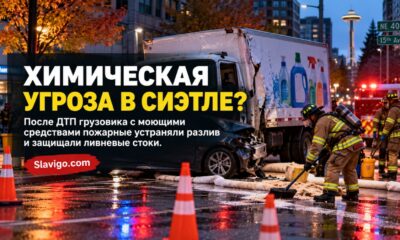 В University District столкнулись автомобиль и грузовик с химикатами для мытья посуды