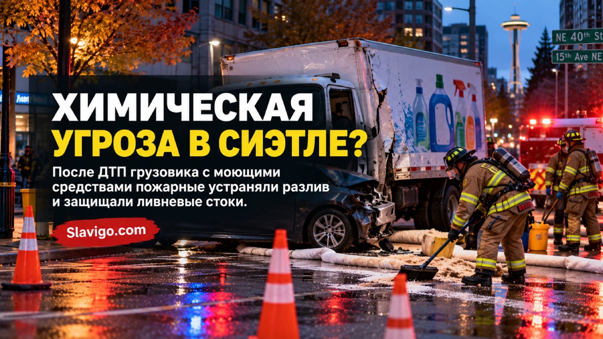 В University District столкнулись автомобиль и грузовик с химикатами для мытья посуды