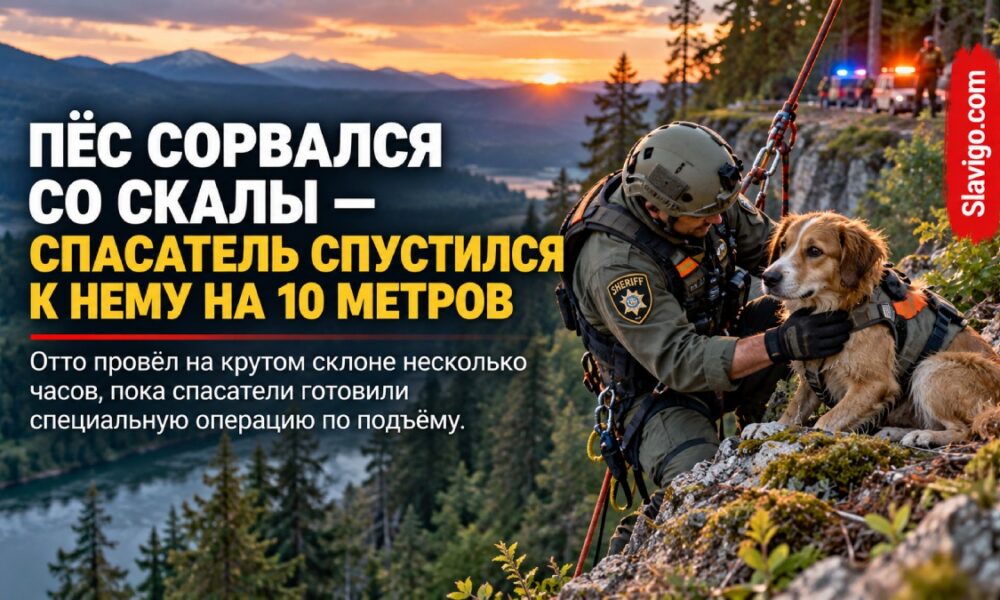В Snohomish County спасли собаку, сорвавшуюся со скалы