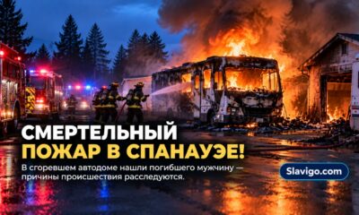 Firefighters at burned recreational vehicle with damaged garage nearby in rural Spanaway, daylight after extinguishment, non graphic в штате Вашингтон