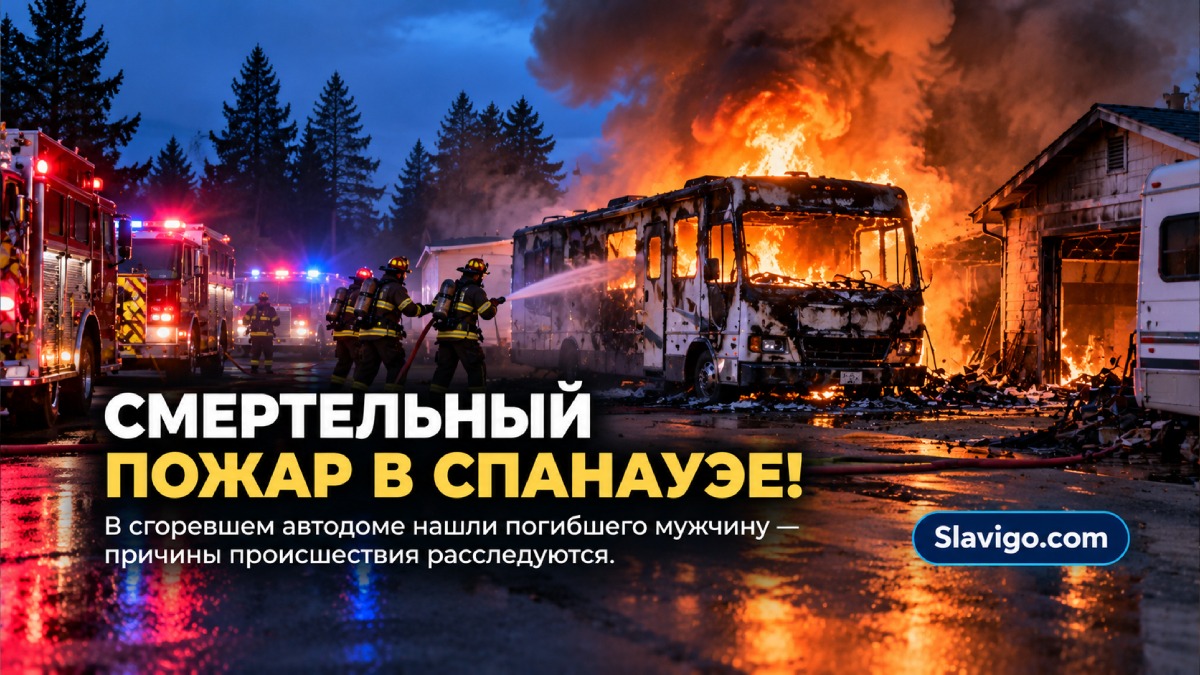 Firefighters at burned recreational vehicle with damaged garage nearby in rural Spanaway, daylight after extinguishment, non graphic в штате Вашингтон