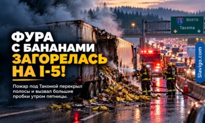 На I-5 у Tacoma загорелся грузовик с бананами, движение оказалось затруднено