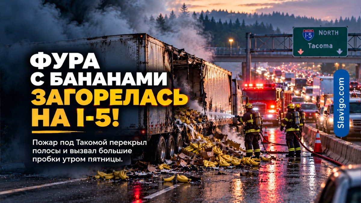 На I-5 у Tacoma загорелся грузовик с бананами, движение оказалось затруднено