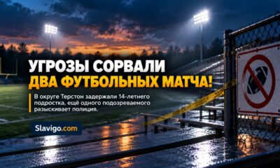 Empty high school football field in Washington at dusk with stadium lights and distant police patrol, no signage в штате Вашингтон