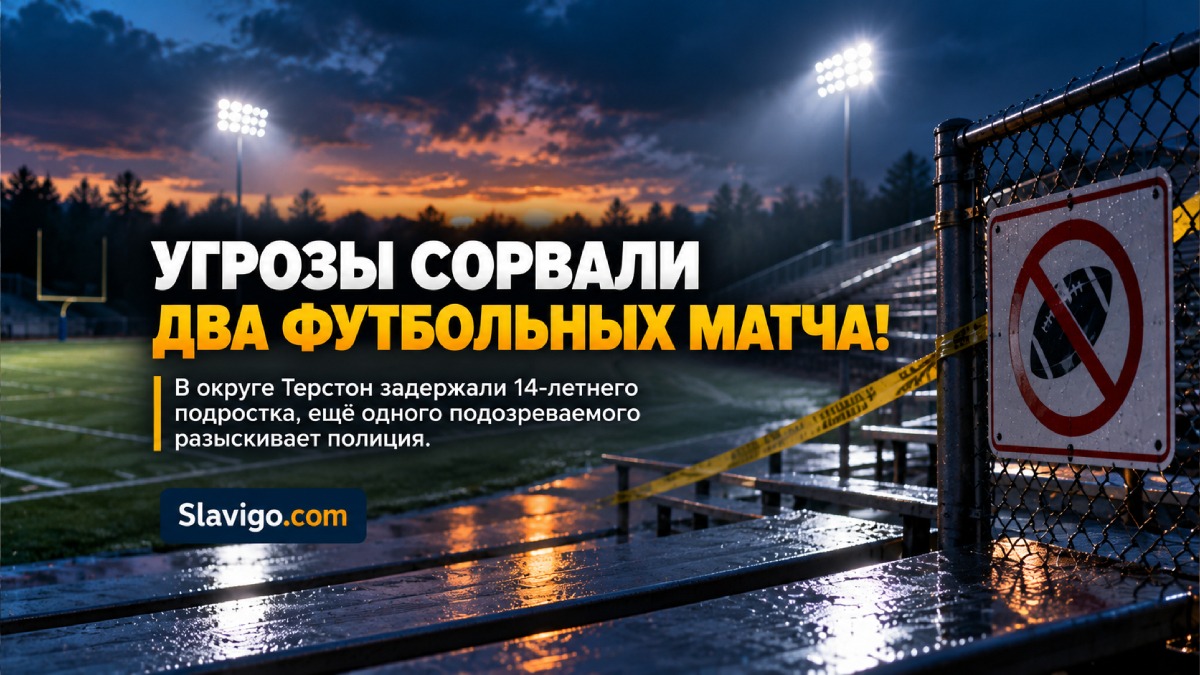 Empty high school football field in Washington at dusk with stadium lights and distant police patrol, no signage в штате Вашингтон