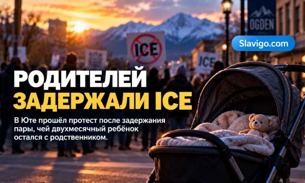 Жители собрались у государственного здания в Огдене на фоне осенних гор