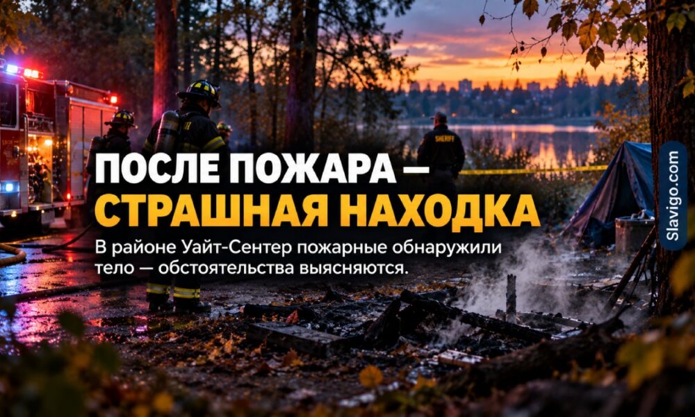 King County investigators and fire department vehicles on a wooded trail near a small pond and makeshift encampment, respectful wide non graphic news photograph